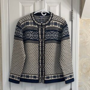 Carroll Reed Vintage Fair Isle Blue & Cream Wool Nordic-Styled Cardigan Sweater